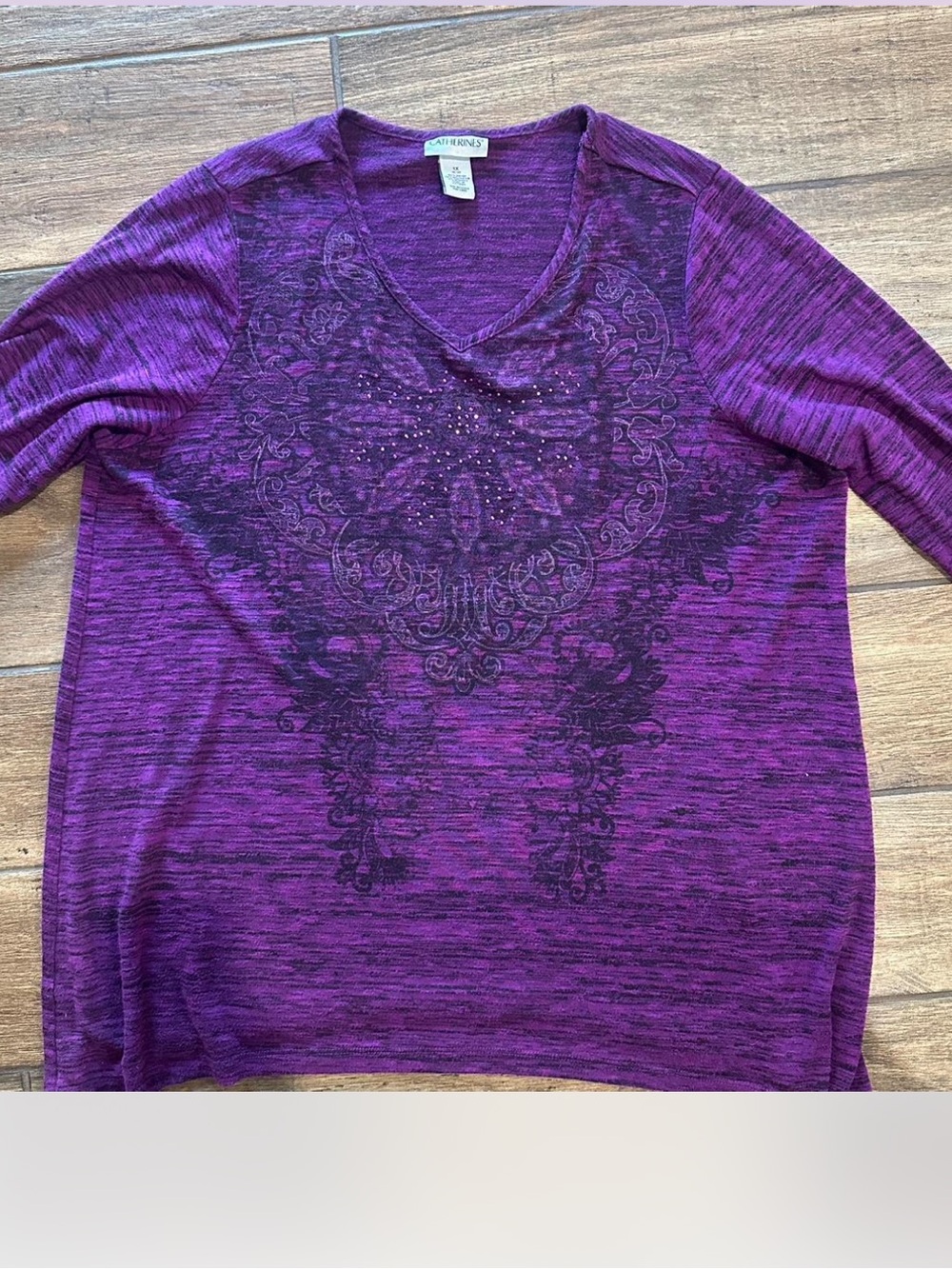 Avenue Purple V-Neck Embellished Long-Sleeve Top